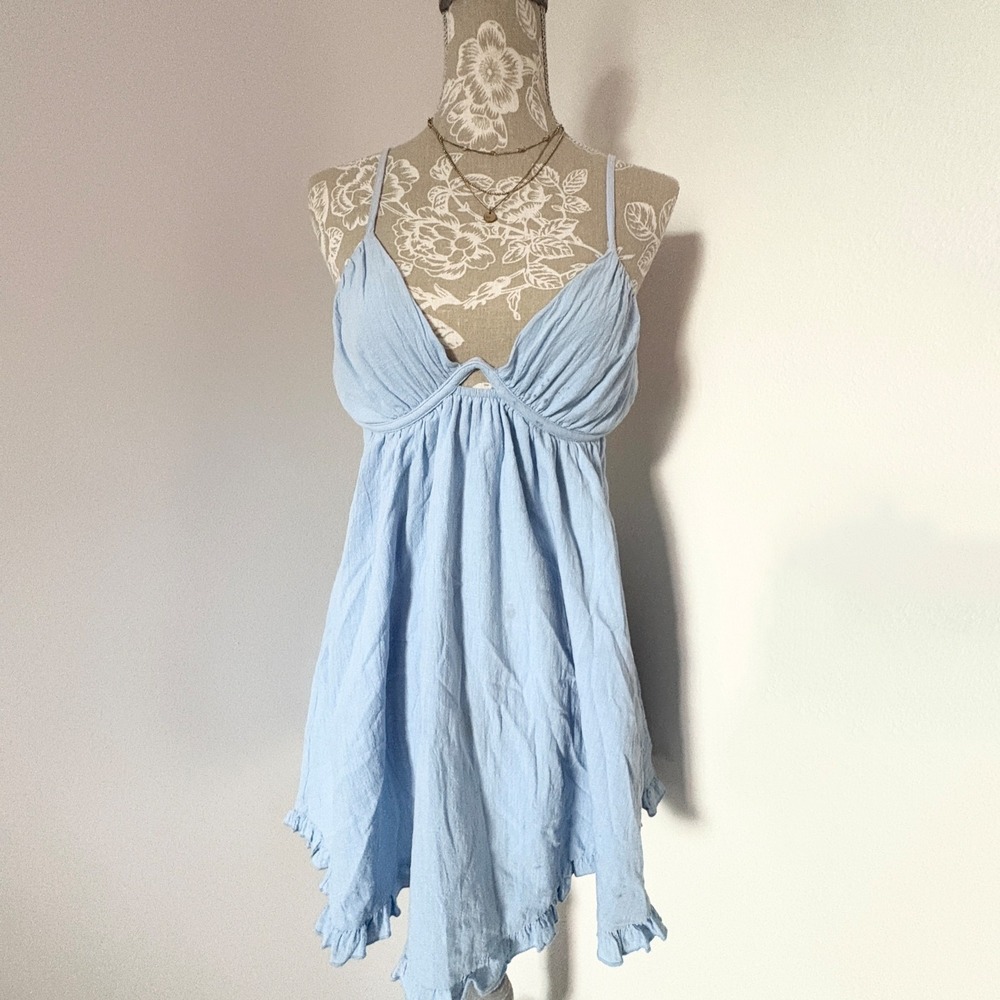 Musette Blue Babydoll Bralette Dress Underwire Cotton Ruffle Hem As-Is